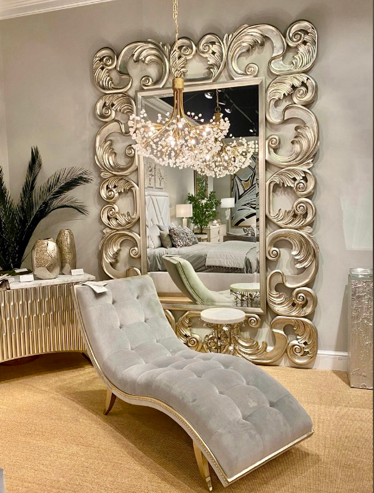 Monroe 70" Pale Grey Velvet Chaise with Burnished Silver Frame