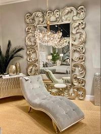Monroe 70" Pale Grey Velvet Chaise with Burnished Silver Frame