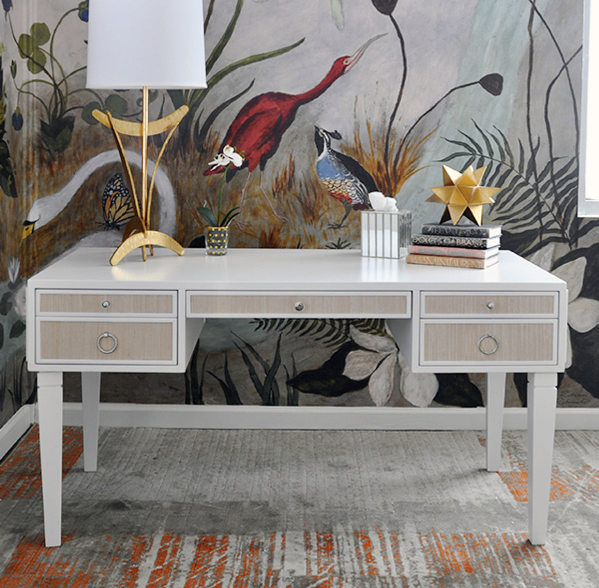 Bailah 56.5”Grasscloth Drawer White & Silver Desk