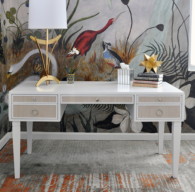 Bailah 56.5”Grasscloth Drawer White & Silver Desk