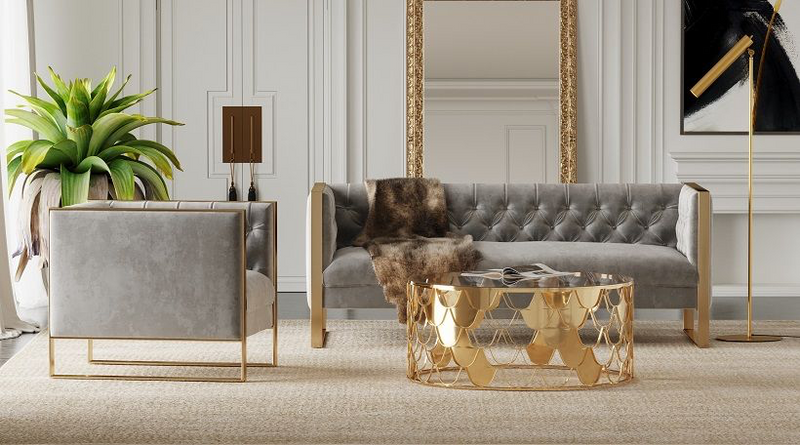 Cybele Modern Grey Velvet & Gold Sofa