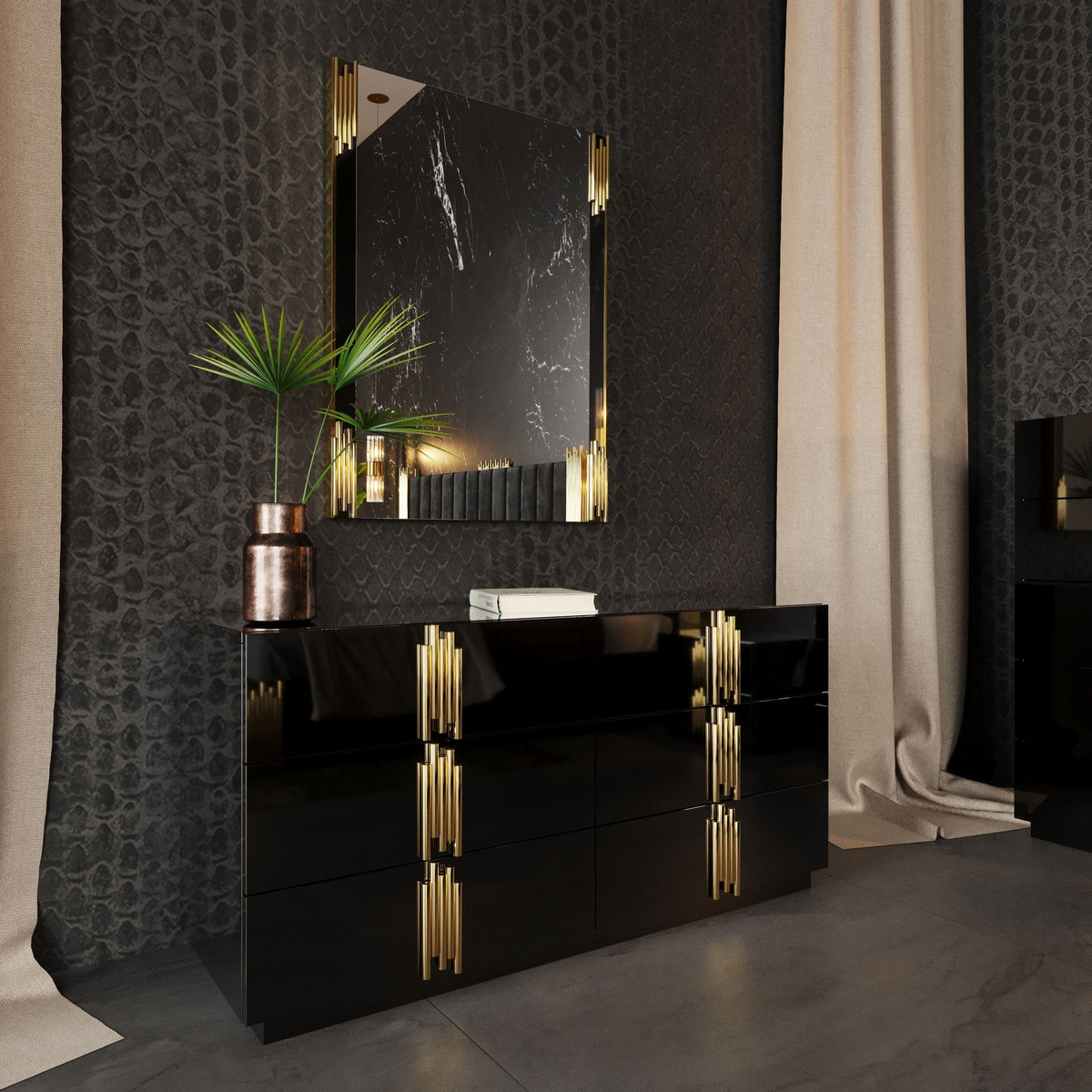 Aurelius 66.1” Modern Black Gloss & Gold Wide Dresser