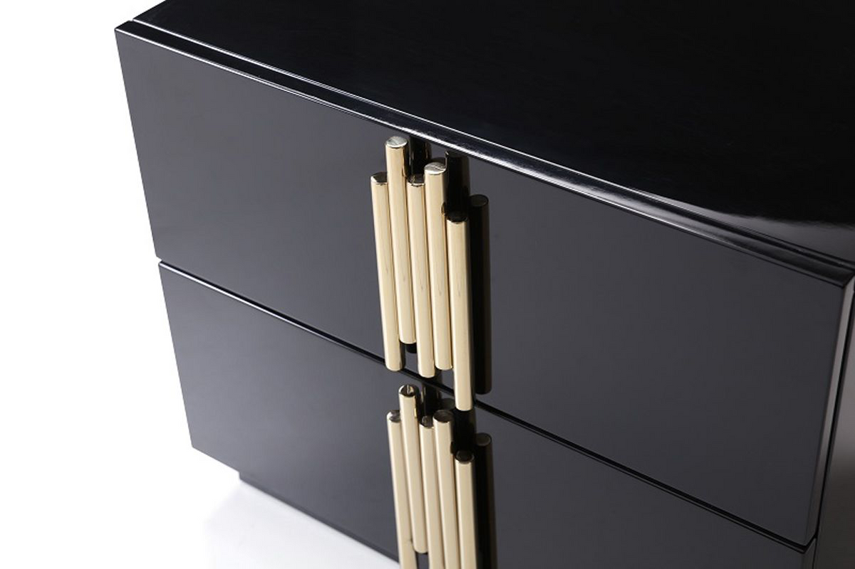 Aurelius King Modern Black Velour & Champagne Gold Bed + Nightstands