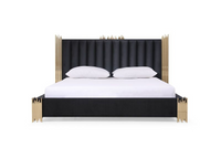 Aurelius King Modern Black Velour & Champagne Gold Bed + Nightstands