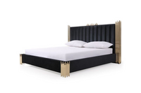 Aurelius King Modern Black Velour & Champagne Gold Bed + Nightstands
