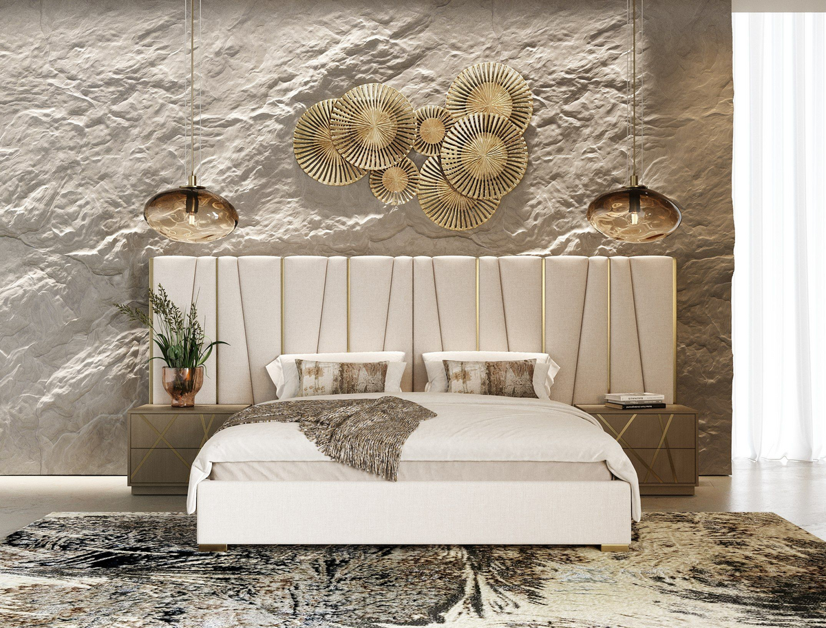 Ivo Modern Beige Velvet & Gold Queen Bed & Birch Nightstands