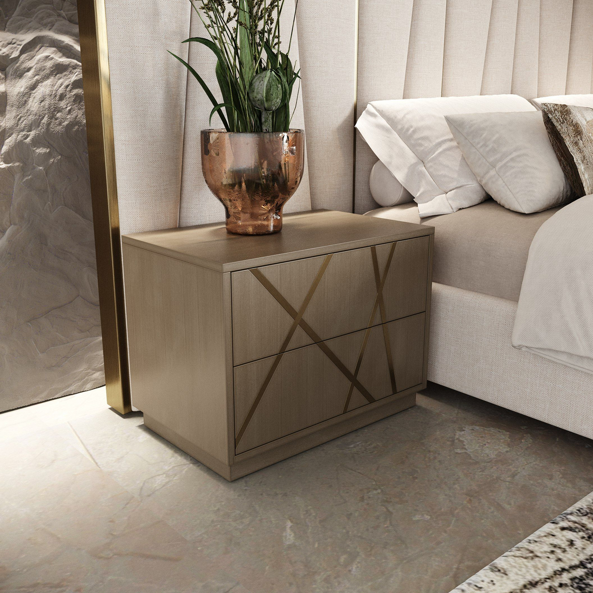 Ivo Modern Beige Velvet & Gold Queen Bed & Birch Nightstands