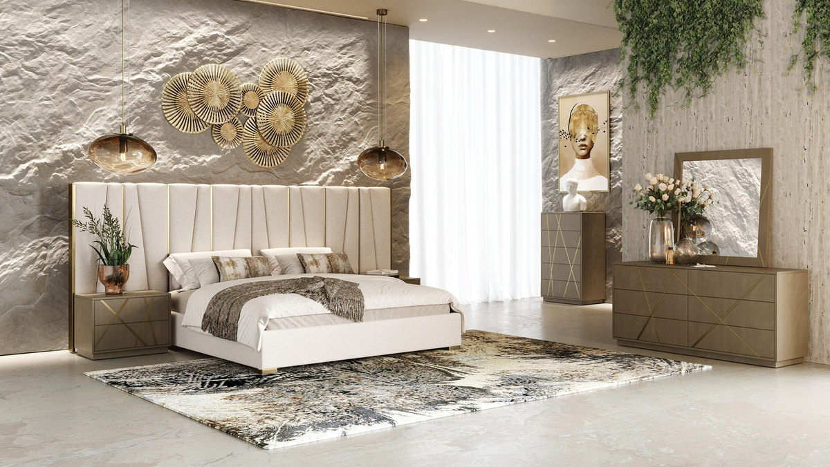 Ivo Modern Beige Velvet & Gold Bed