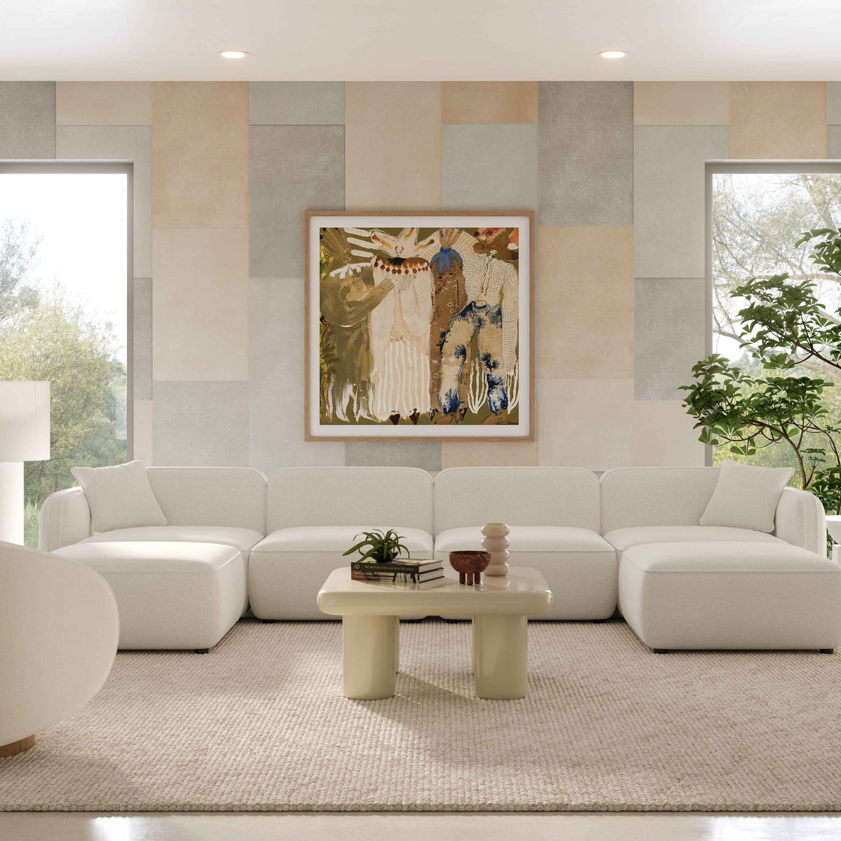 Travie 145" Sand Upcycled Performance Linen 6-Piece Modular U-Sectional