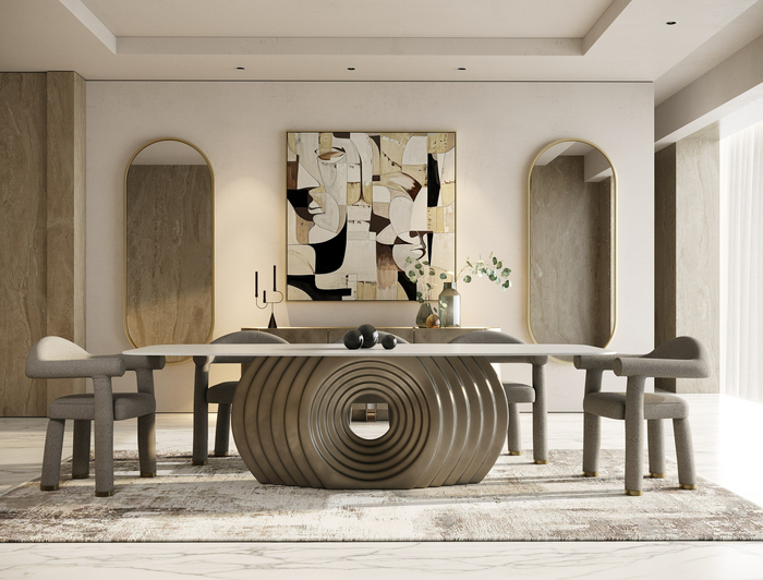 Verikka 102.4" Modern Travertine Ceramic and Bronze Dining Table