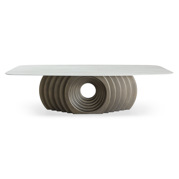 Verikka 102.4" Modern Travertine Ceramic and Bronze Dining Table