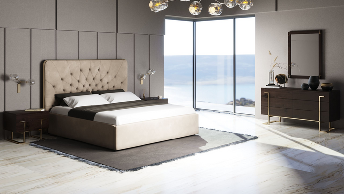 Navato Glam Beige Velvet & Brushed Brass Bedroom Set