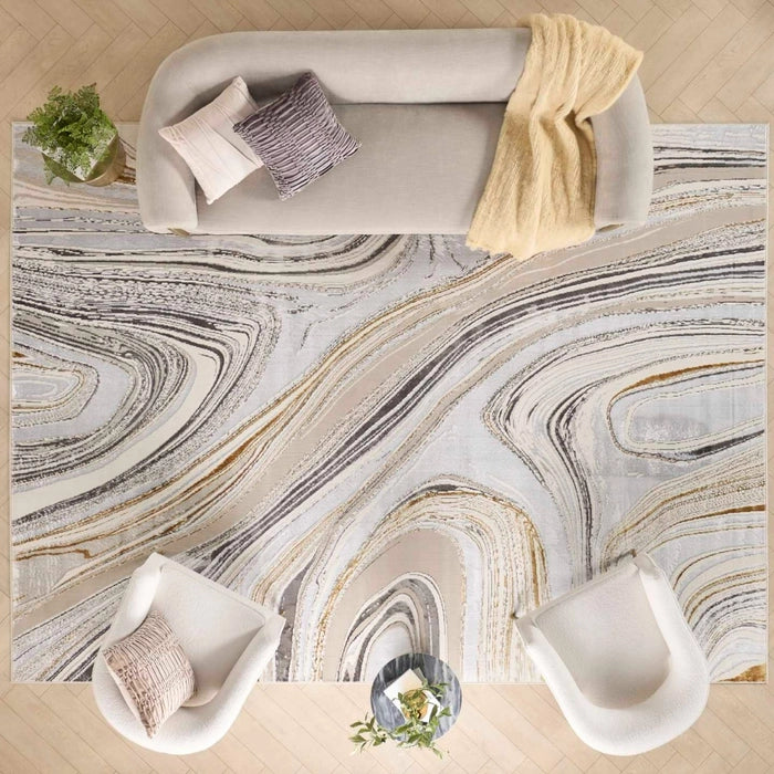 Glam Grey/Gold Modern Curves Area Rug - Elegance Collection