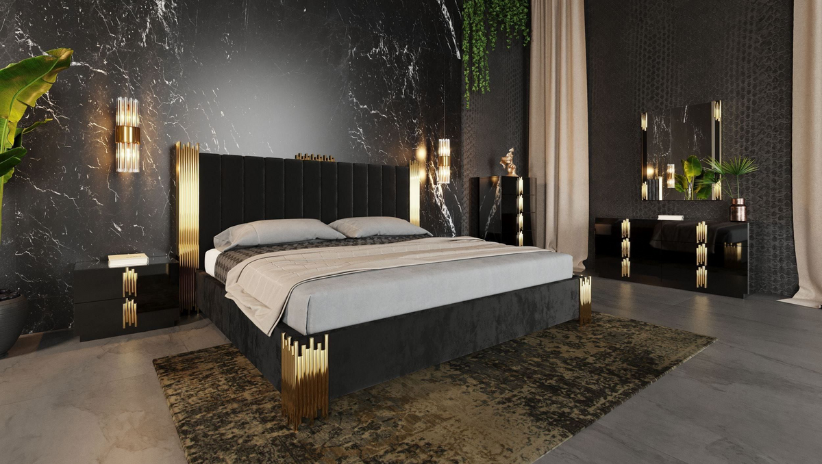 Aurelius Modern Black Velour & Champagne Gold Bedroom Set