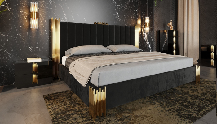 Aurelius Modern Black Velour & Champagne Gold Bed + Nightstands