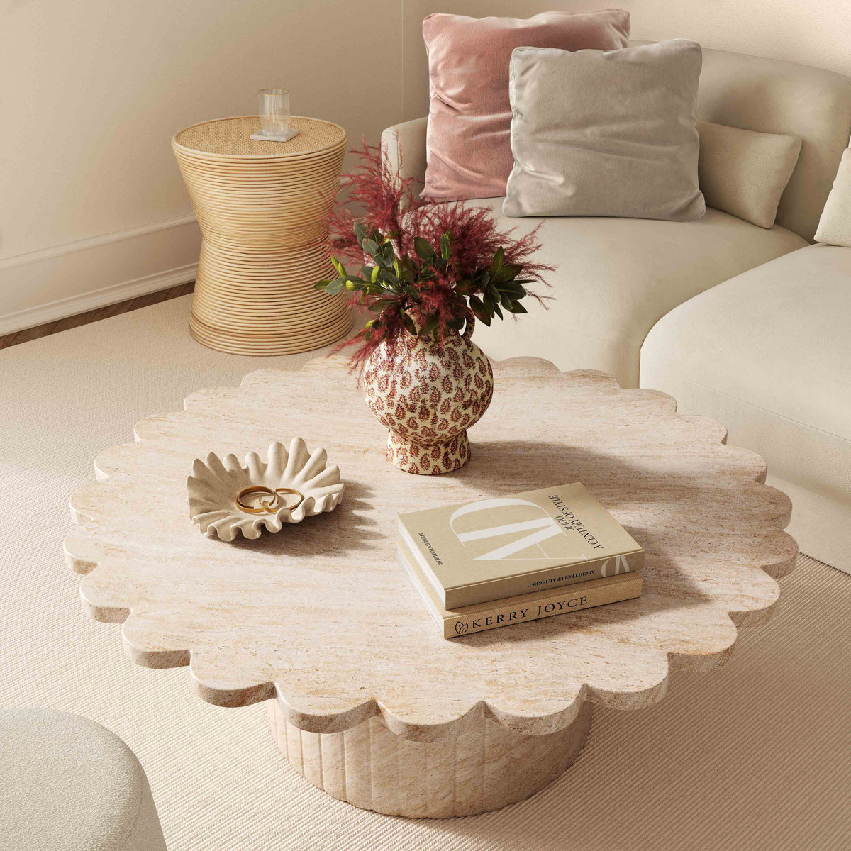 Petals Washed Travertine Finish Indoor / Outdoor 36" Round Coffee Table