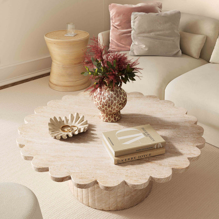Petals Washed Travertine Finish Indoor / Outdoor 36" Round Coffee Table