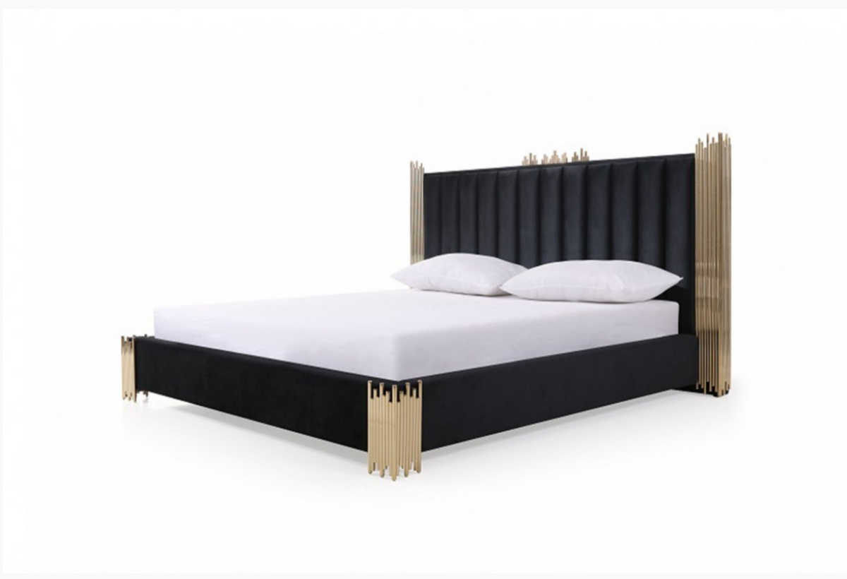 Aurelius Modern Black Velour & Champagne Gold Bed + Nightstands