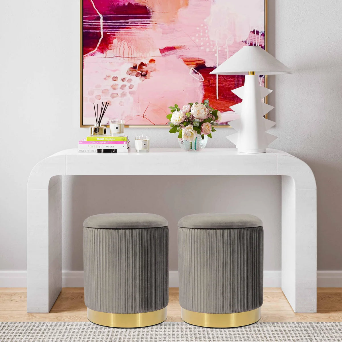 Kiana 12.4" Grey & Gold Velvet Storage Ottoman
