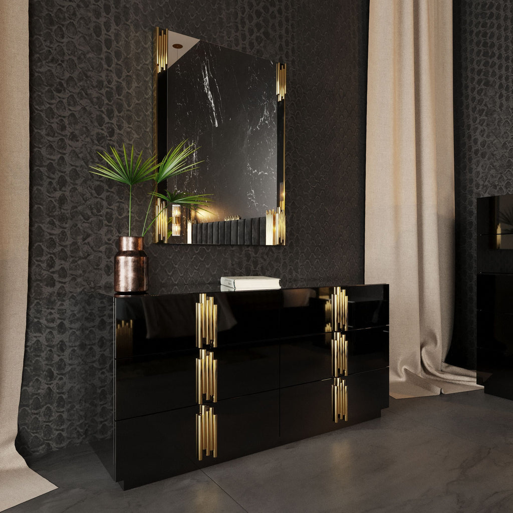 Aurelius Modern Black Gloss & Gold Wide Dresser