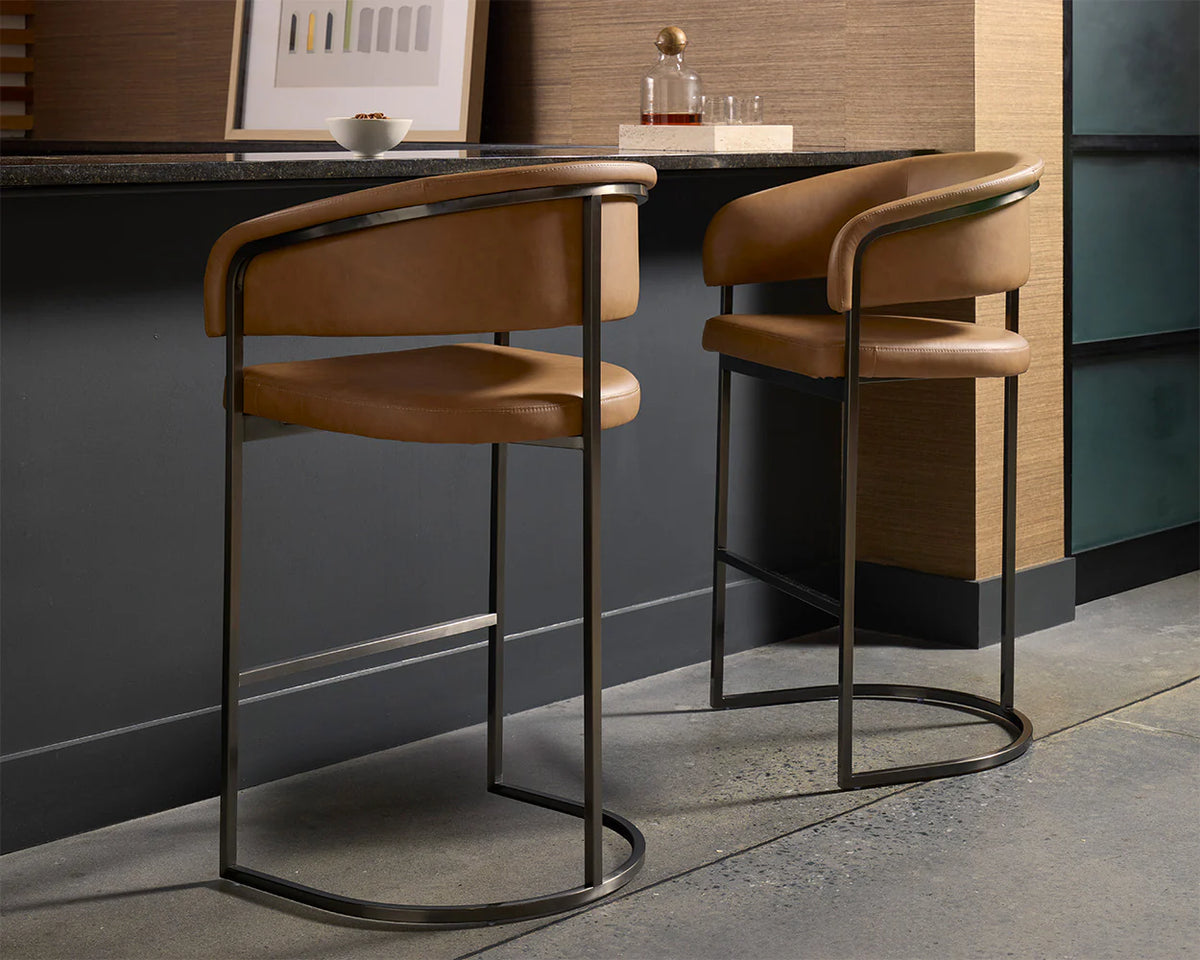 Marris Cognac Faux Leather & Gunmetal Cantilever Barstool