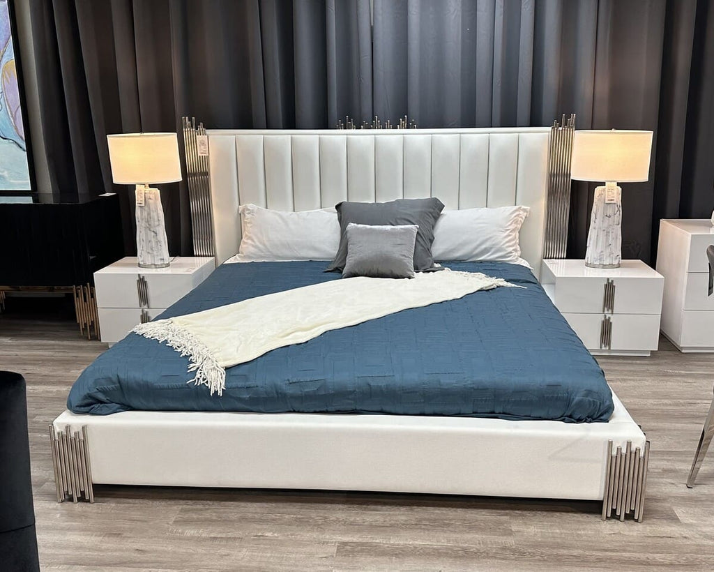 Aurelius Modern Modern White + Stainless Steel Bed + Nightstands