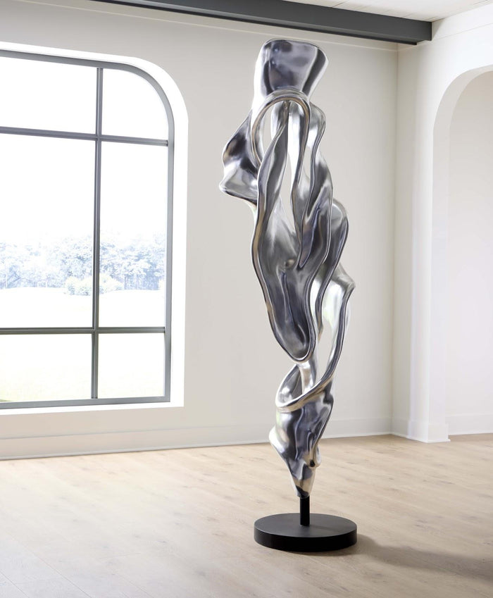 Dancing Ribbon 92”H in Coupé, Silver Leaf Sculpture
