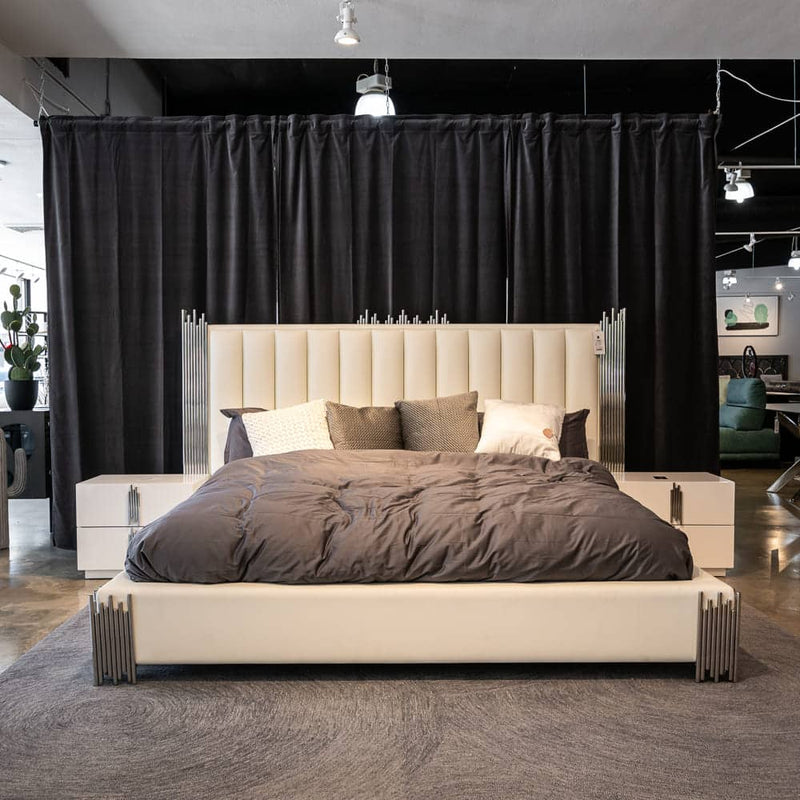 Aurelius Modern Modern White + Stainless Steel Bed + Nightstands