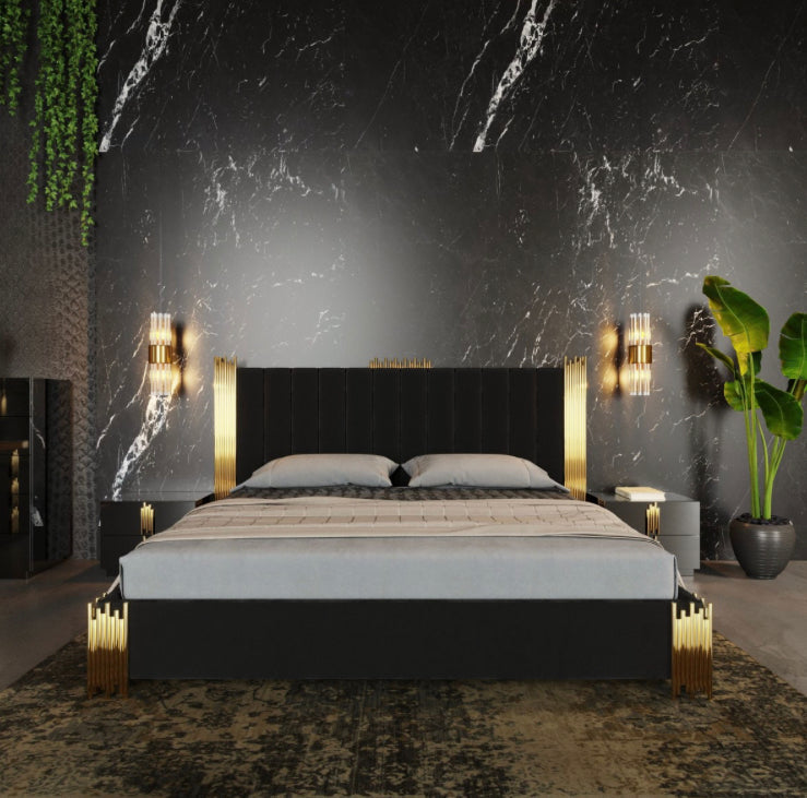 Aurelius Modern Black Velour & Champagne Gold Bed + Nightstands
