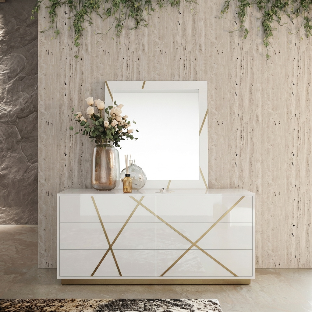 Ivo Modern 66" Wide White and Gold Dresser