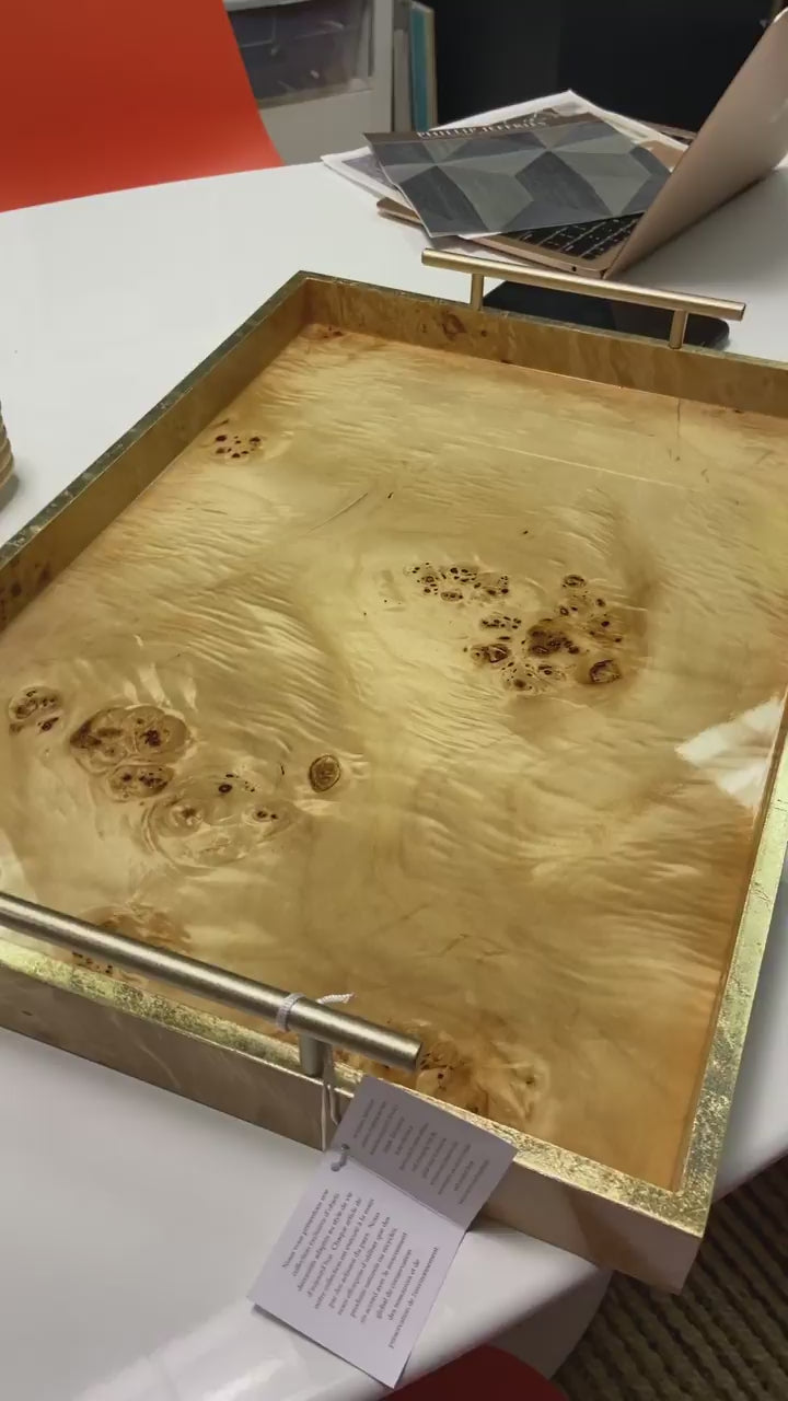 Adeline Large Burl Wood Tray with Gold Handles - Set of 2