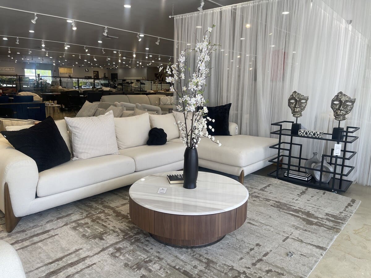 Palacio 138" Cream Fabric and Walnut RAF Sectional Sofa