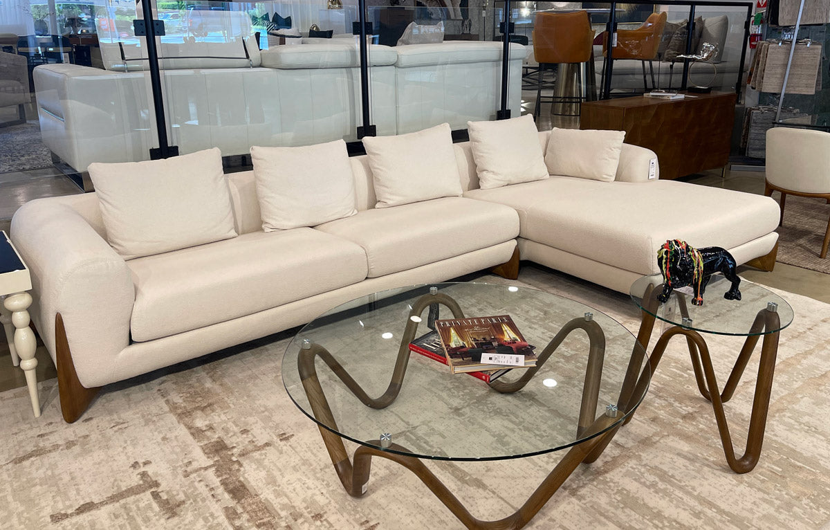 Palacio 138" Cream Fabric and Walnut RAF Sectional Sofa