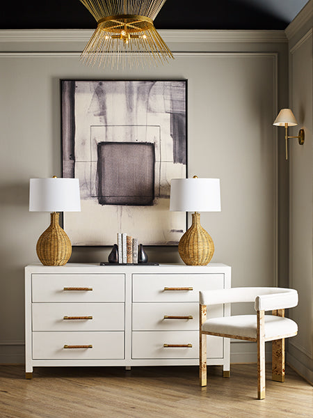 Ezra White Linen/Gold & Burl Wood Chair