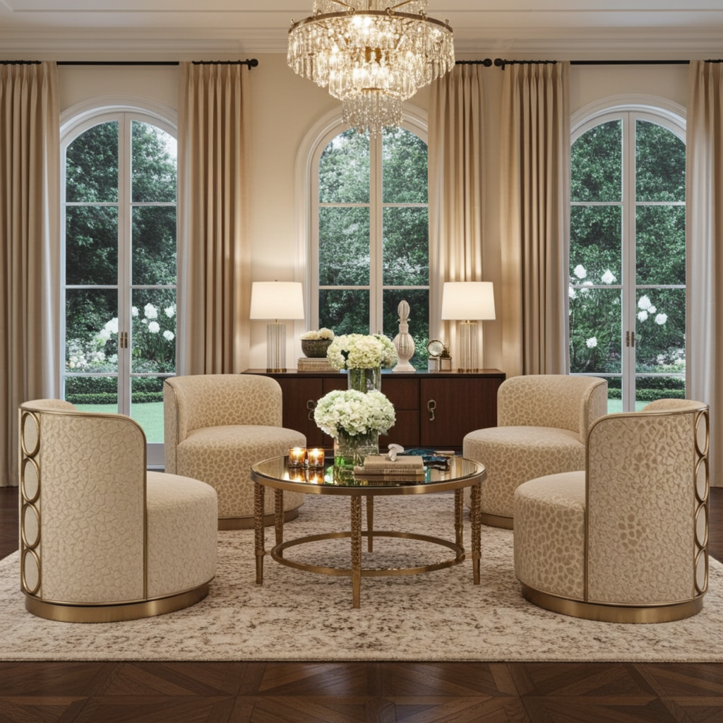 Rhumba Patterned Fabric & Burnished Silver Swivel Accent/Dining Chair