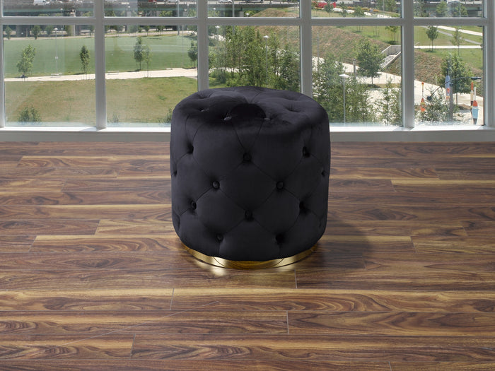 Karter Black Suede Fabric with Stainless Steel Gold Base Button Tufted Ottoman