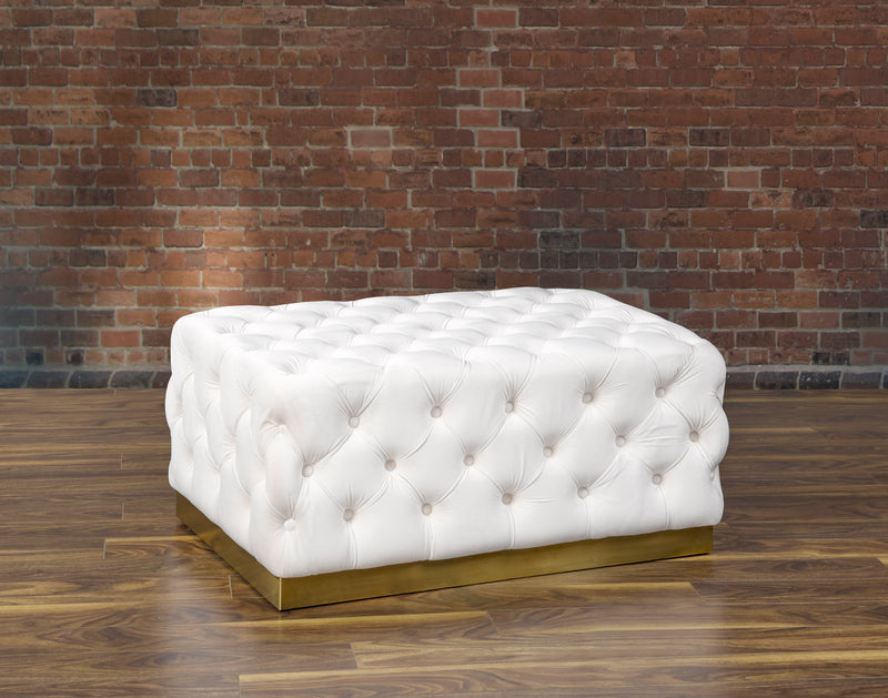 Adalee Beige Tufted Velvet with Stainless Steel Brushed Gold Base Ottoman
