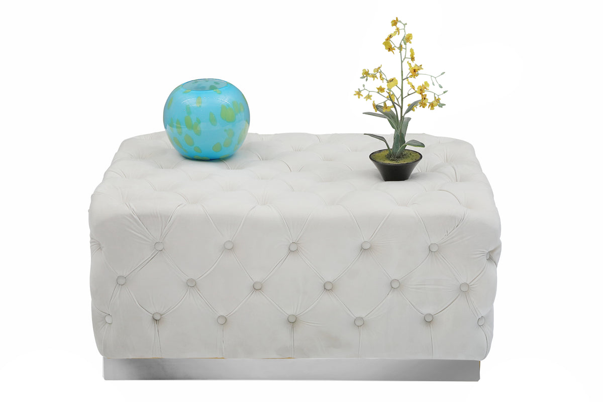 Adalee Beige Tufted Velvet with Stainless Steel Brushed Chrome Base Ottoman
