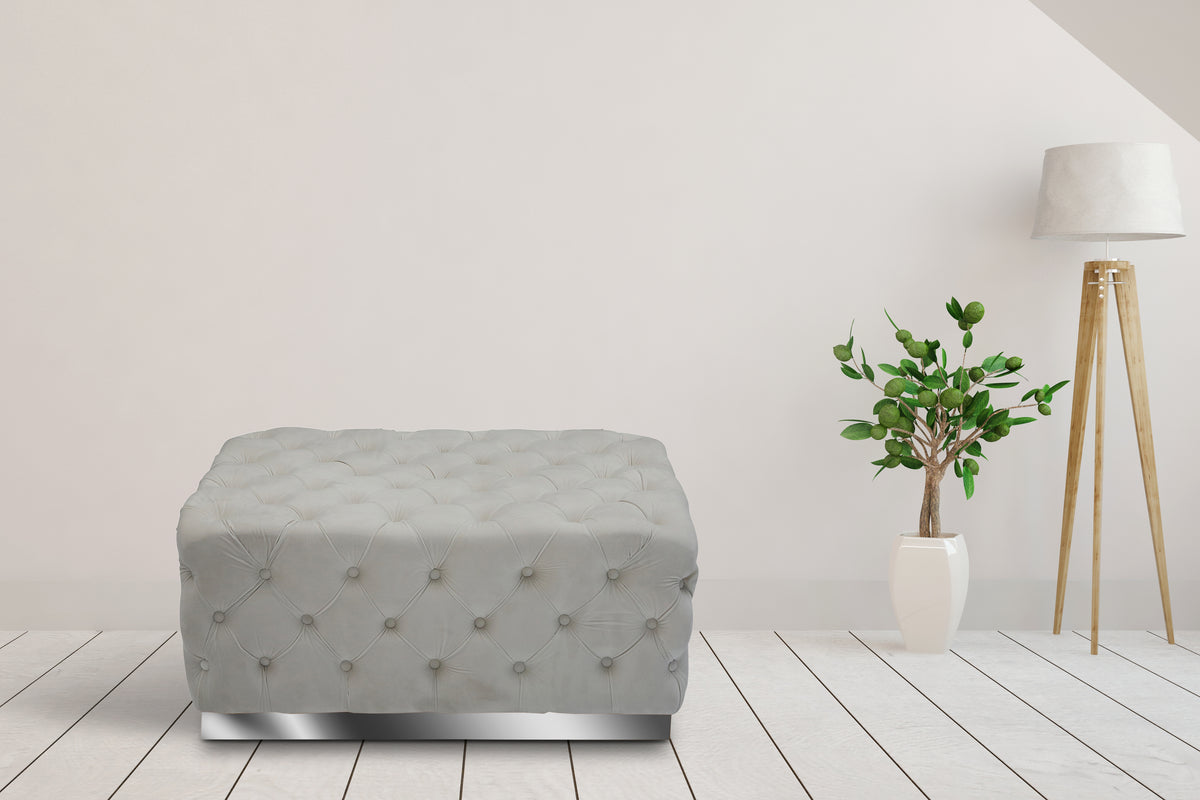 Adalee Grey Tufted Velvet with Stainless Steel Brushed Chrome Base Ottoman