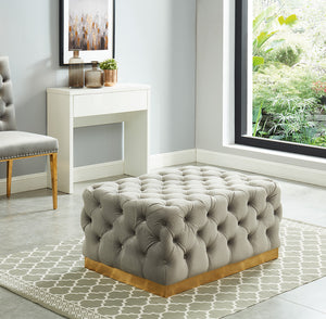 Adalee Grey Tufted Velvet with Stainless Steel Brushed Gold Base Ottoman