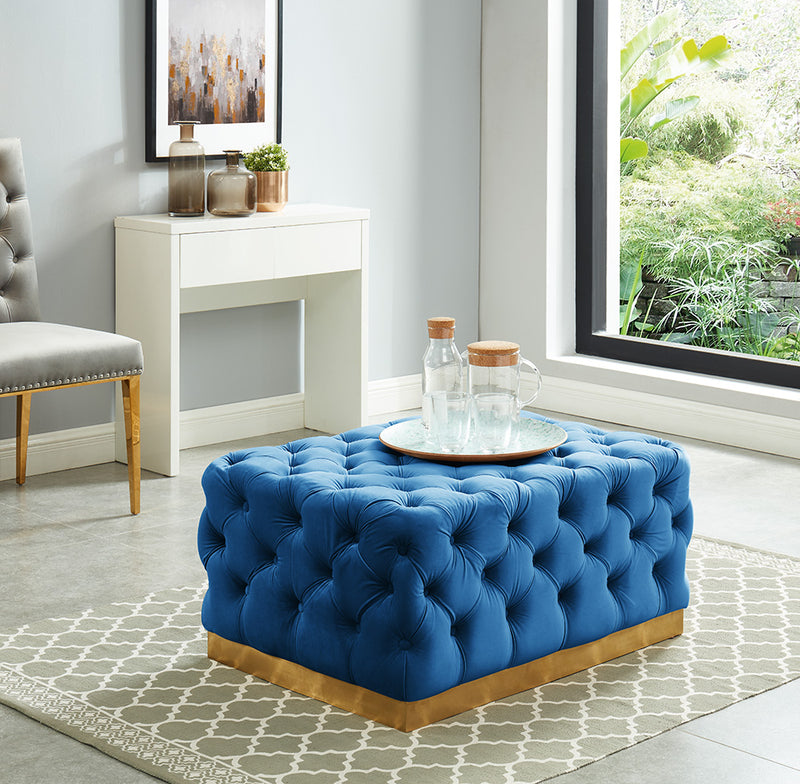 Adalee Navy Tufted Velvet with Stainless Steel Brushed Gold Base Ottoman