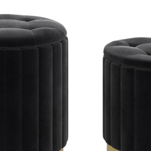Kaylani Black Velvet and Gold Storage Ottomans (Set of 3)