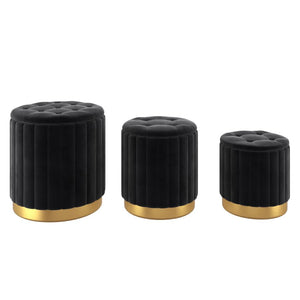 Kaylani Black Velvet and Gold Storage Ottomans (Set of 3)