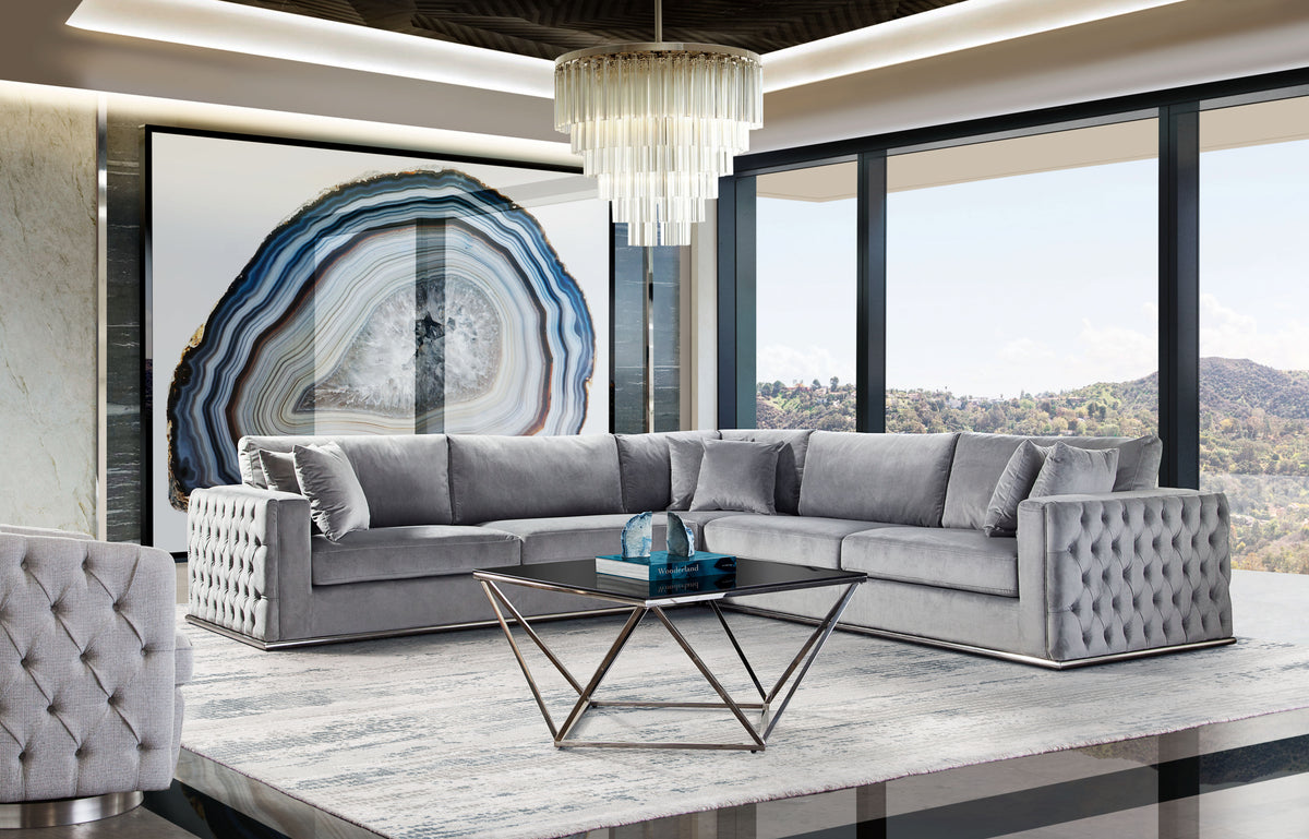 Athena Platinum Grey Velvet Sectional - Luxury Living Collection