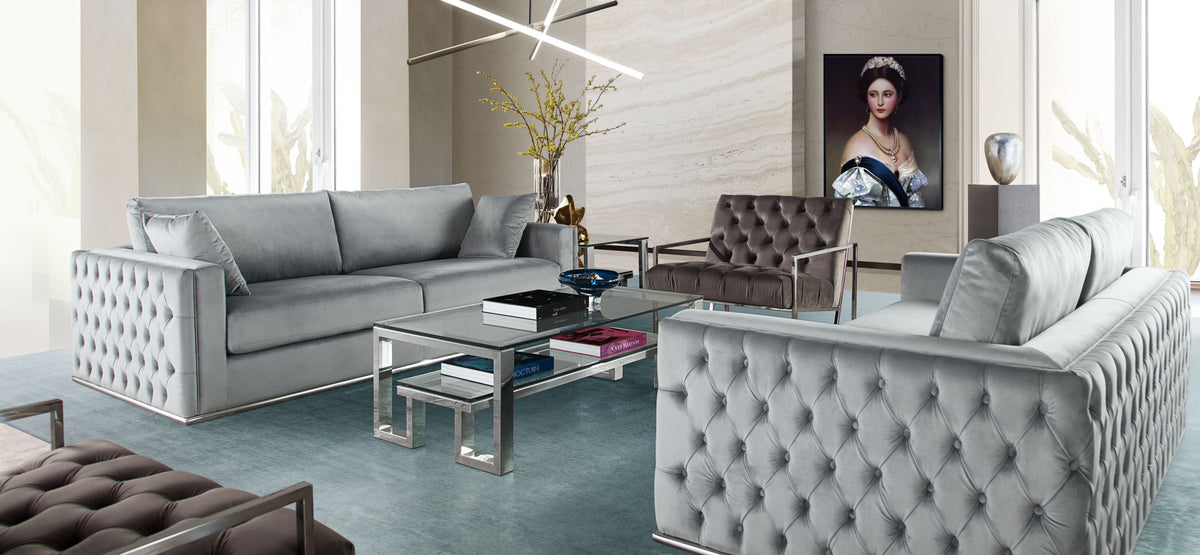 Athena Platinum Grey Velvet Sectional - Luxury Living Collection