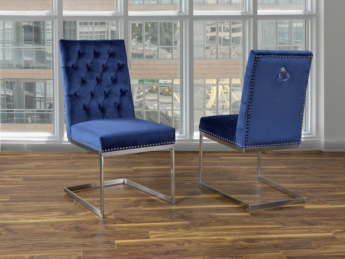 Jaycee Navy Tufted Velvet with Stainless Steel Legs Dining Chairs (Set of 2)