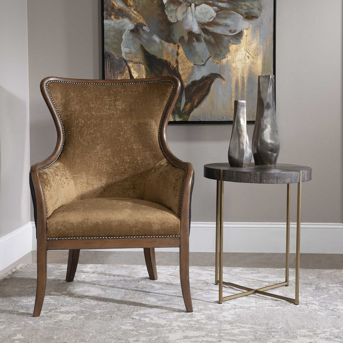 Zoya 20" Round Brushed Brass & Grey Glaze Accent Table