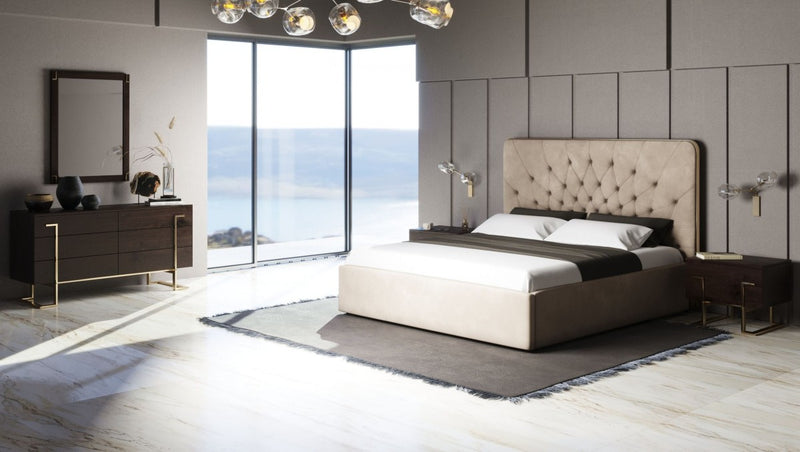 Navato Glam Beige Velvet & Brushed Brass Bedroom Set