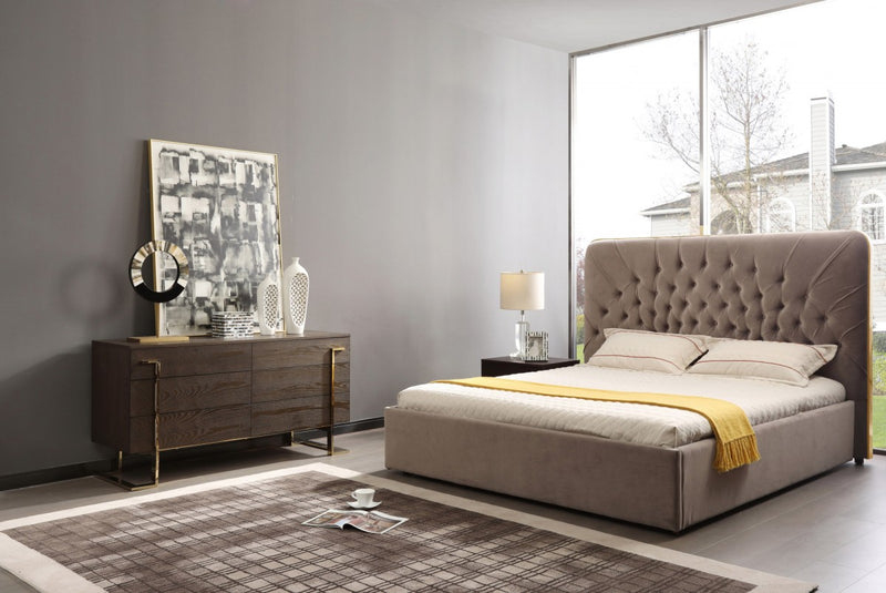 Navato Glam Beige Velvet & Brushed Brass Bedroom Set