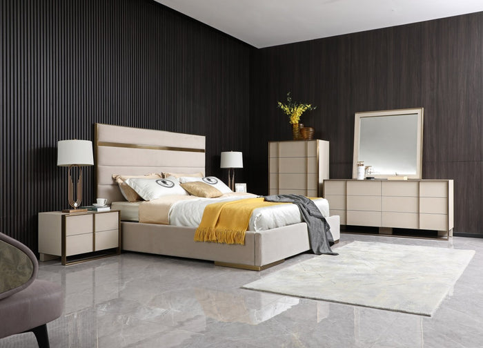 Elidi Modern Beige Velvet & Brushed Brass Bed